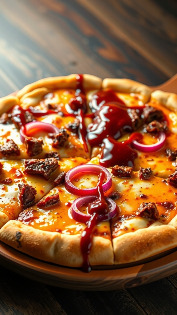 BBQ brisket pizza with melted cheese and red onions on a rustic wooden board.